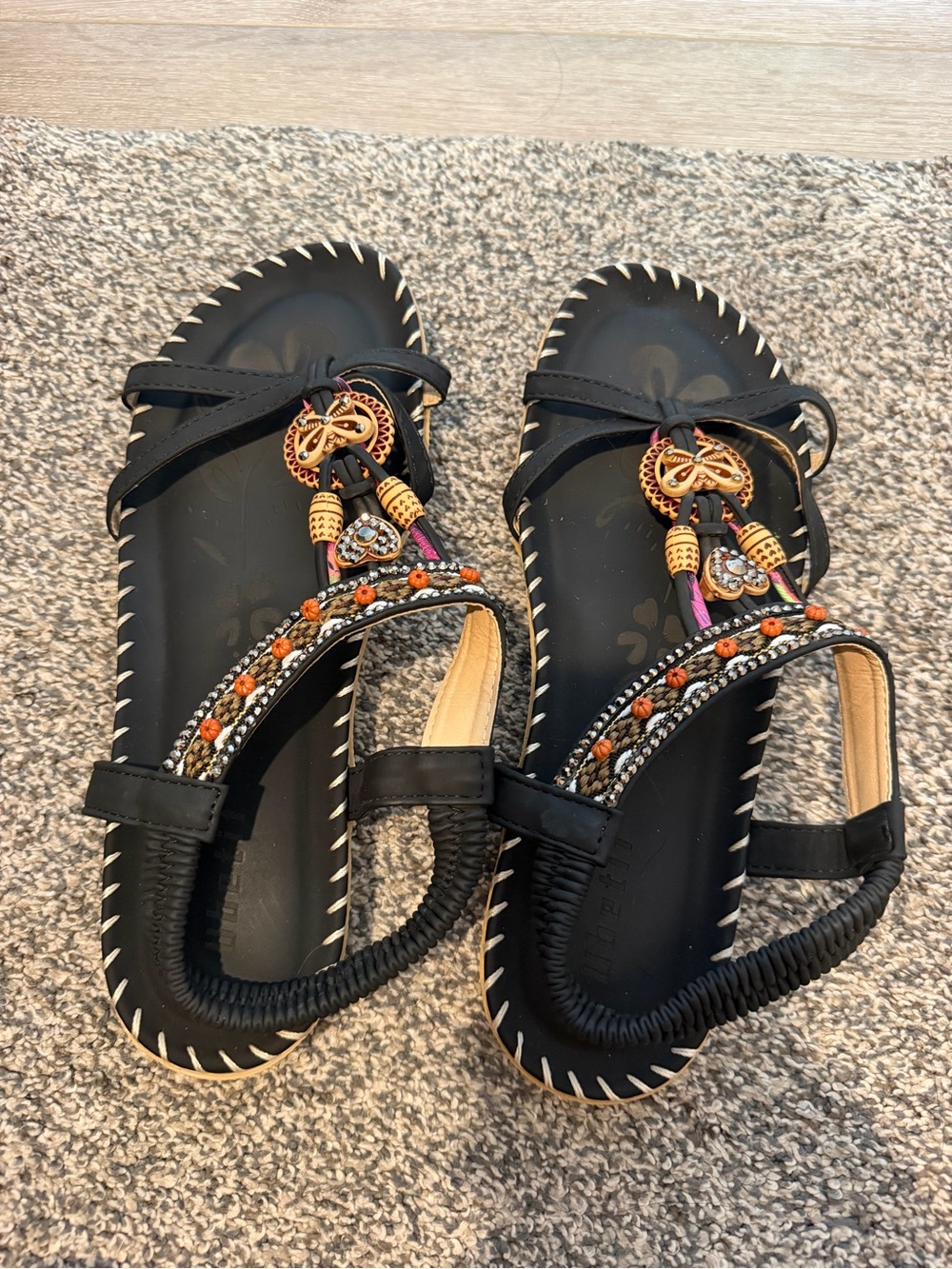 Women’s Black Beaded T-Strap Sandals